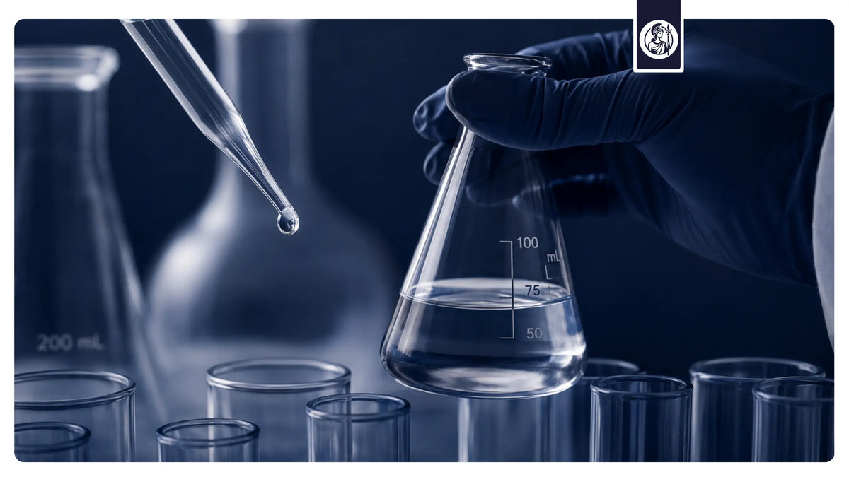 Laboraufnahme mit Pipette, Erlenmeyerkolben und Reagenzgläsern als Symbol für wissenschaftliche Evidenz bei Minerva-Vita