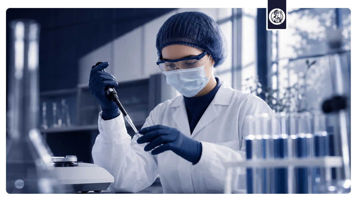 Laborantin bei der Probenanalyse mit Pipette als Symbol für transparente Methodik, externe Analytik und nachvollziehbare Qualitätskontrolle bei Minerva-Vita